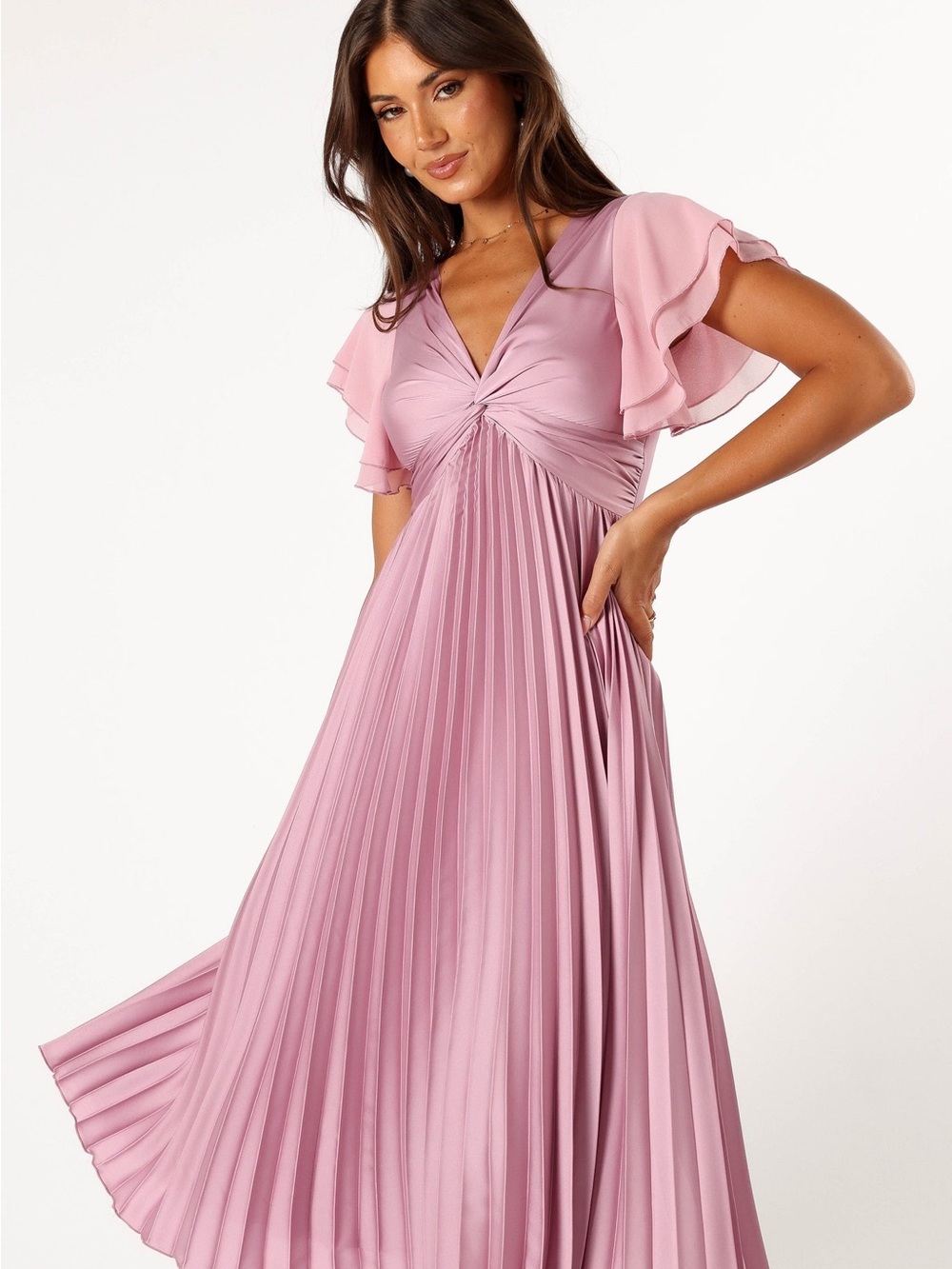 NWOT Dusty Rose Pleated Flutter Sleeve Midi Dress - Picture 5 of 15